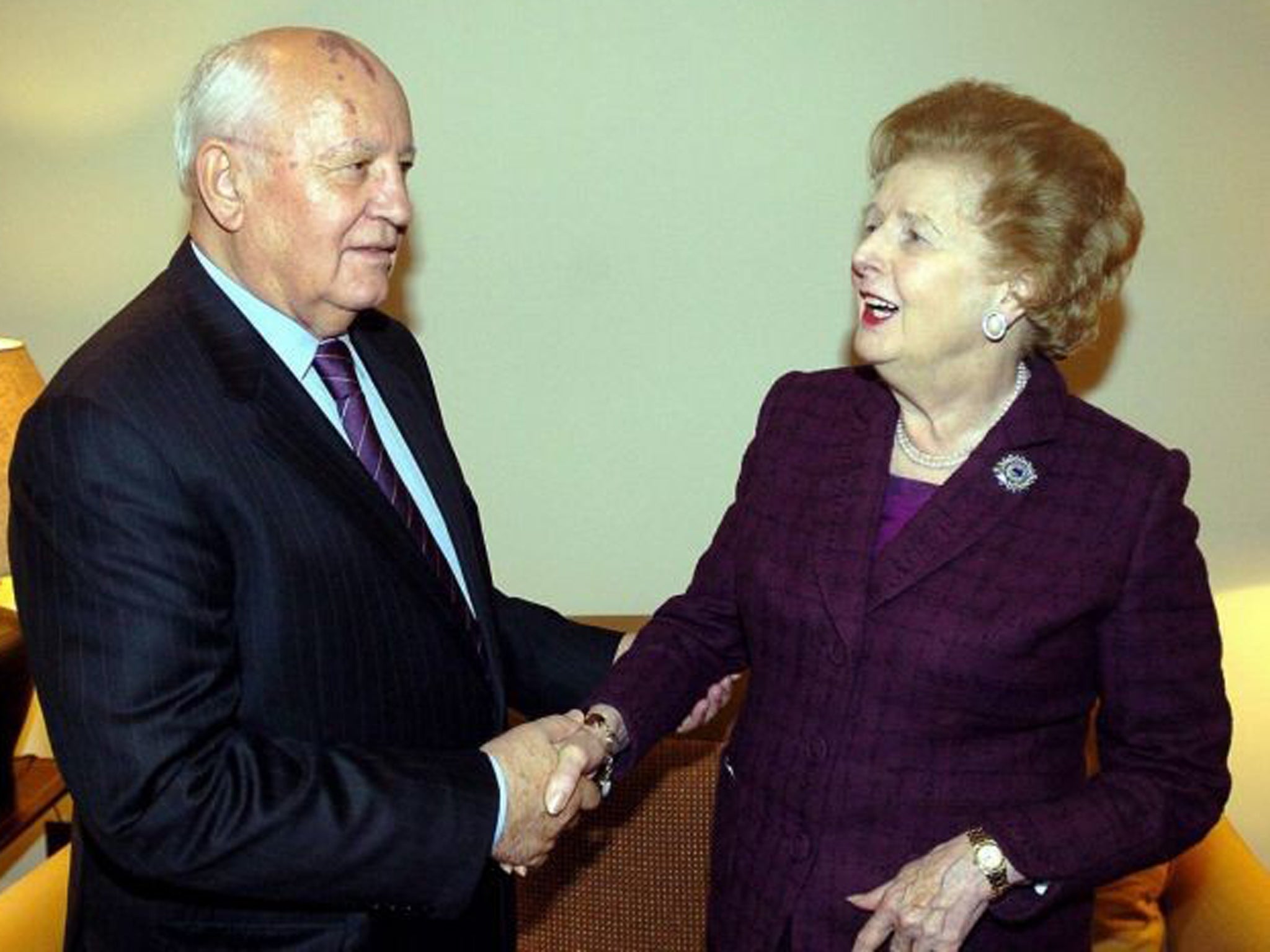 Former Soviet President Mikhail Gorbachev with Baroness  Thatcher during a meeting in London