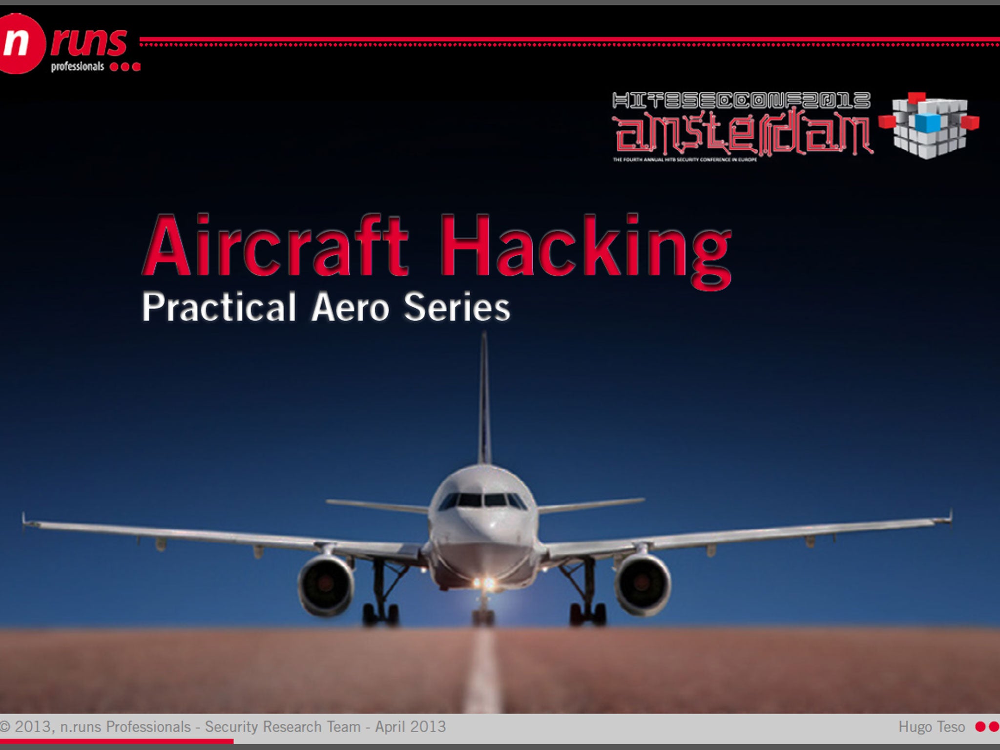 A presentation slide from Hugo Teso's Aircraft Hacking talk at Hack In The Box