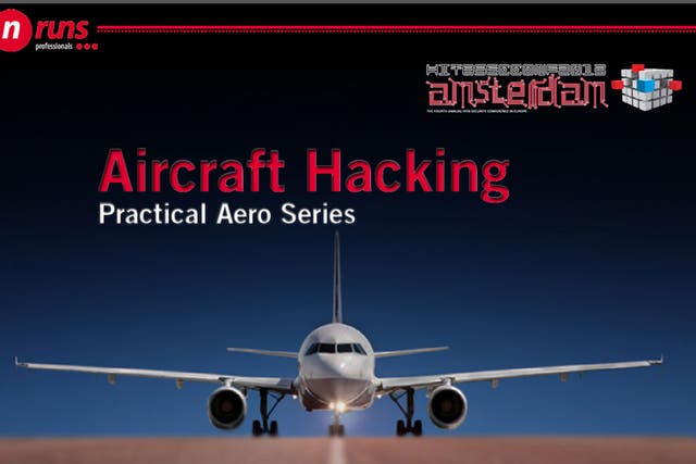 A presentation slide from Hugo Teso's Aircraft Hacking talk at Hack In The Box