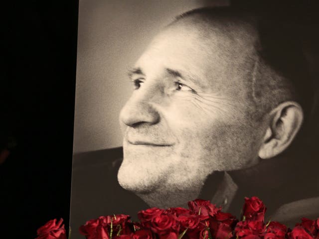 A portrait of Mikhail Beketov at his funeral in Moscow yesterday