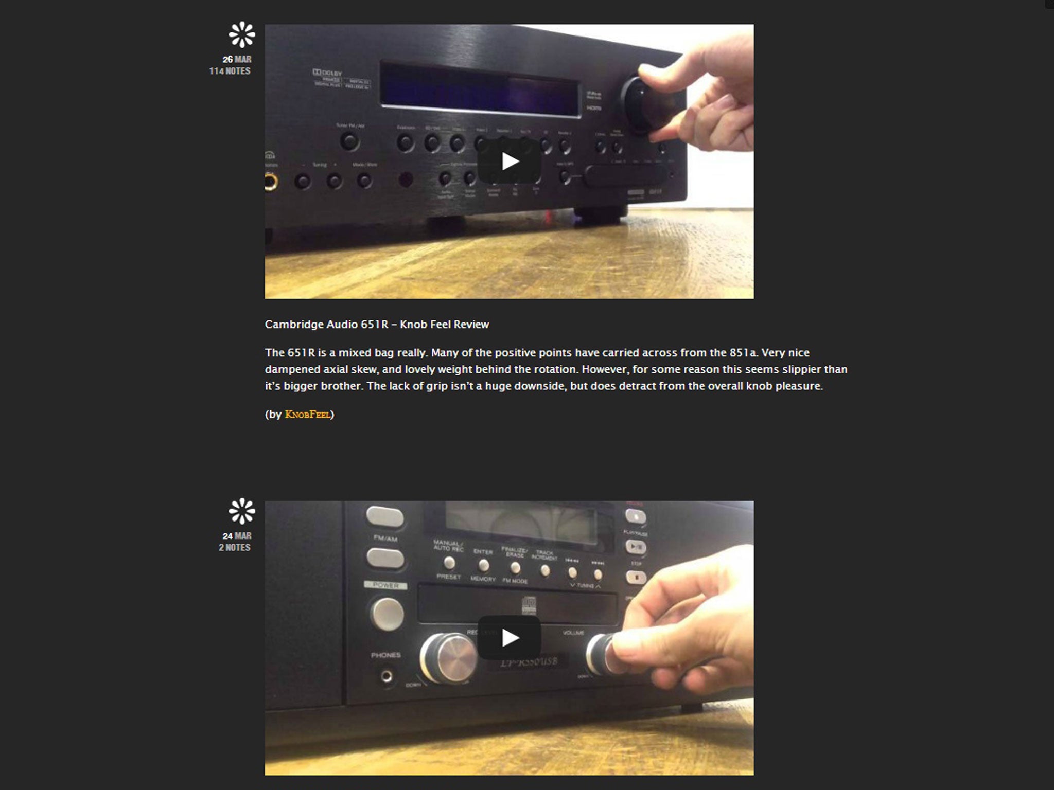 Knobfeel screenshots; “reviews based purely on the feel of a knob”