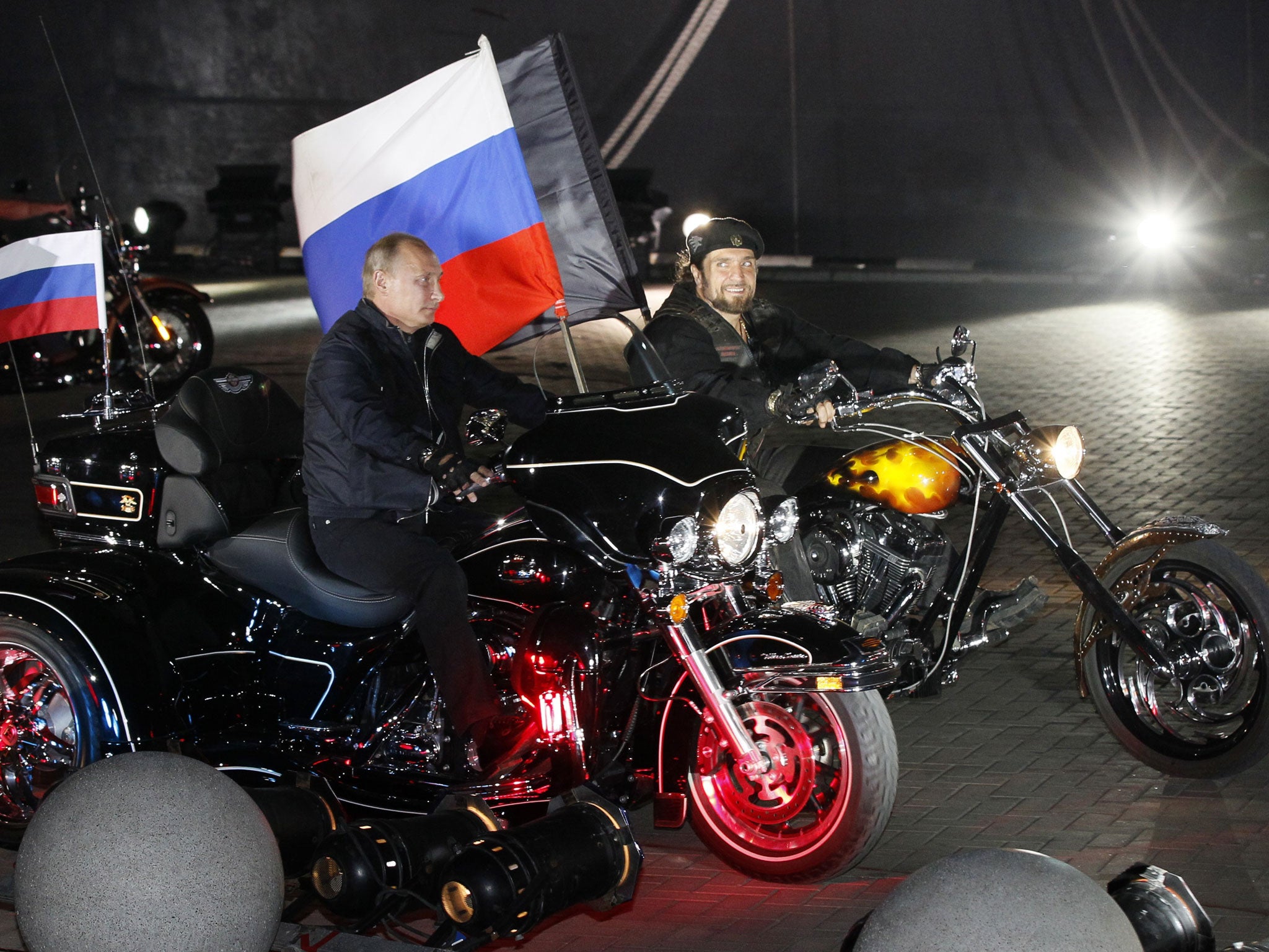 Vladimir Putin rides with the Night Wolves biker gang in the port of Novorossiysk in 2011