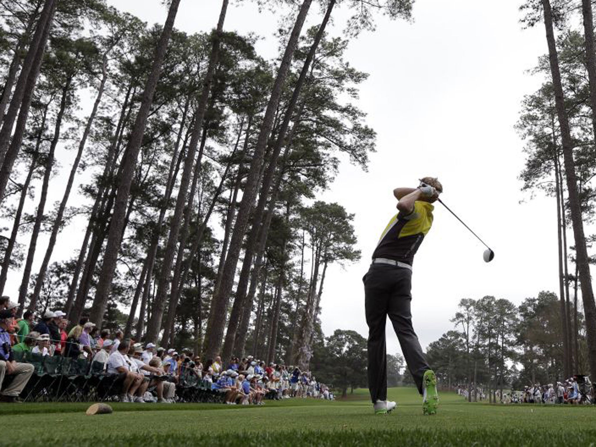 David Lynn launches his drive down the 16th on his way to a 68 on his Masters debut