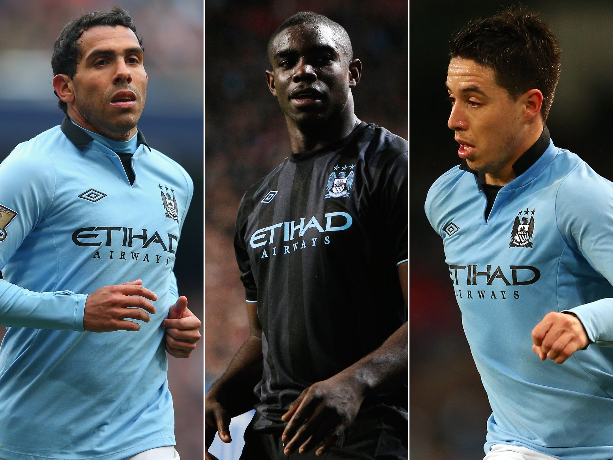 Banned from driving: Manchester City's Micah Richards (centre) joined Carlos Tevez (left) and Samir Nasri on the club's list of footballers banned from driving this month