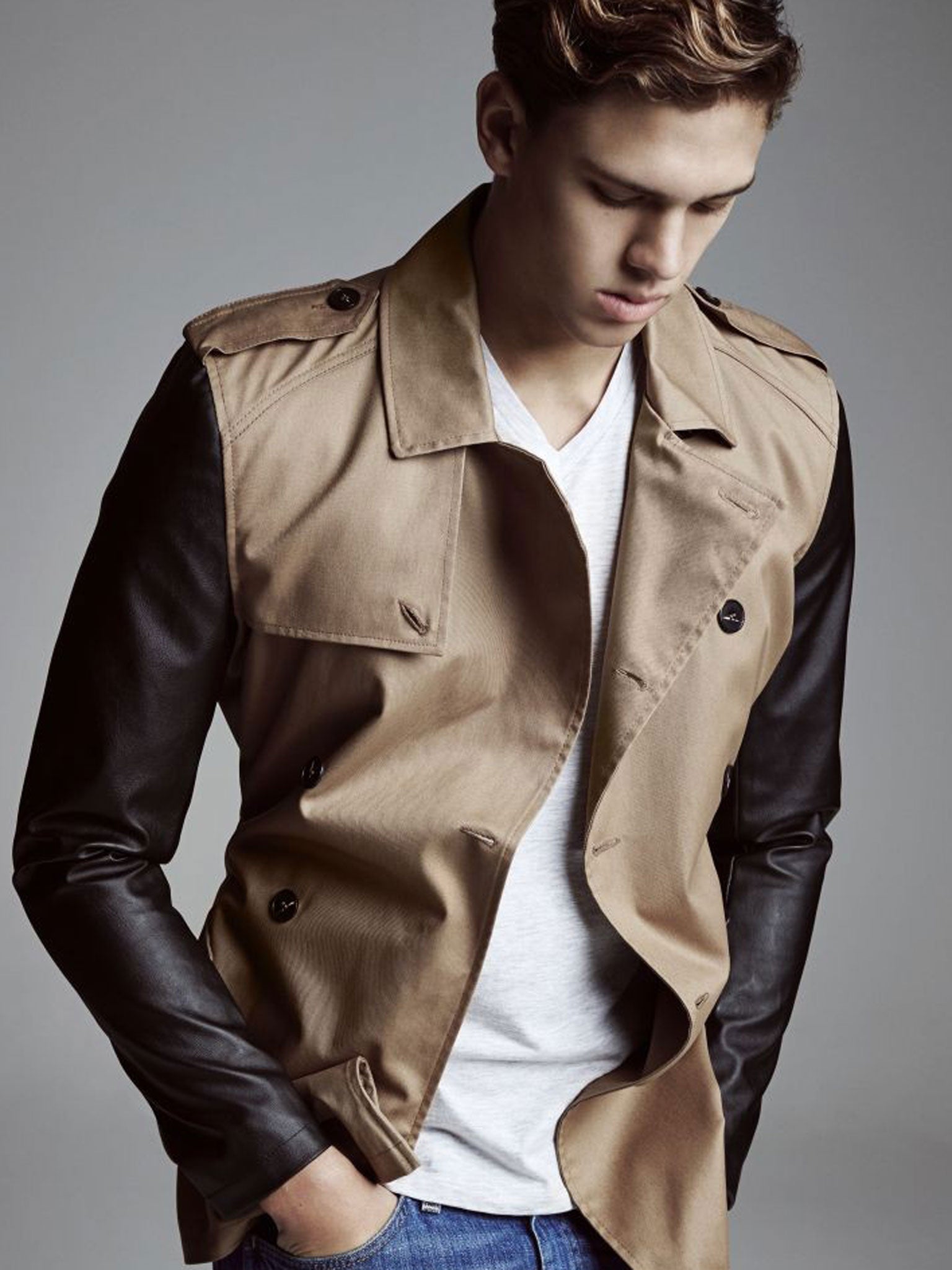 Trench jacket £75, River Island, river-island.com; T-shirt, £25, Reiss, reiss.co.uk; jeans, £160, Levi’s, mrporter.com