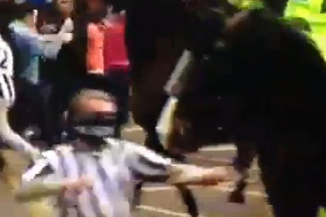 A Newcastle fan appears to aim a punch at a police horse