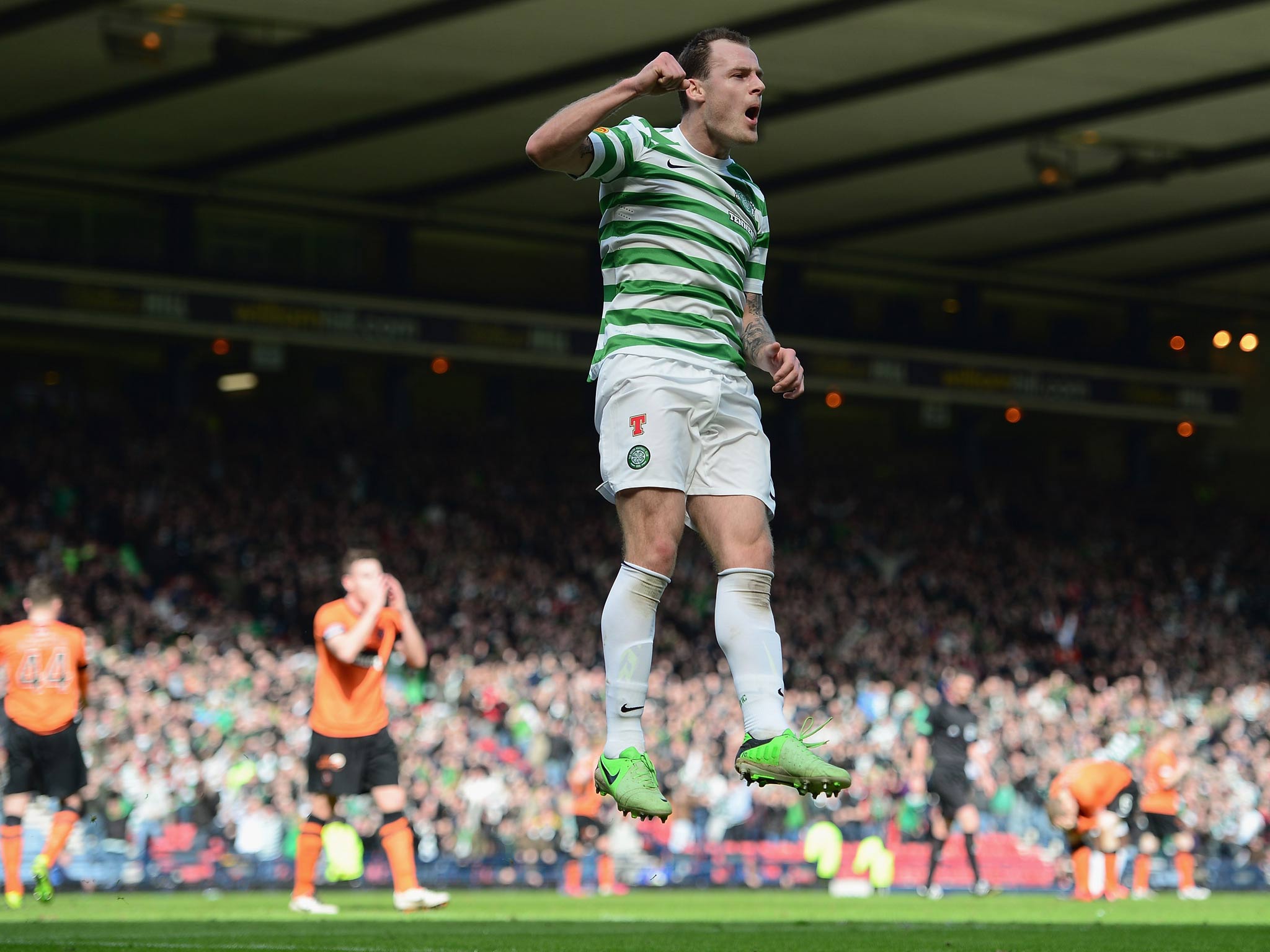 Anthony Stokes of Celtic celebrates scoring the winning goal