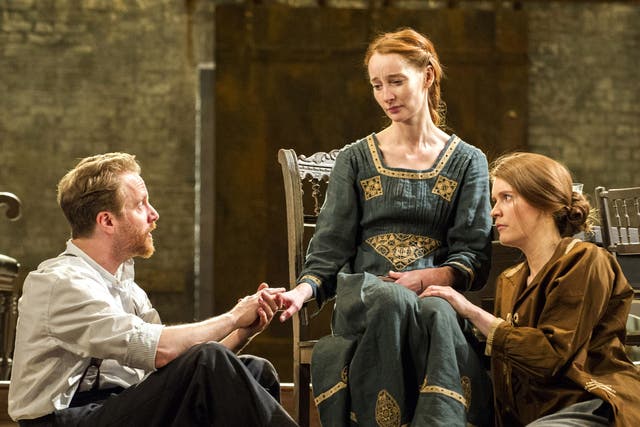 Geoffrey Streatfield, Emma Lowndes and Justine Mitchell in the National Theatre's 'Children of the Sun'