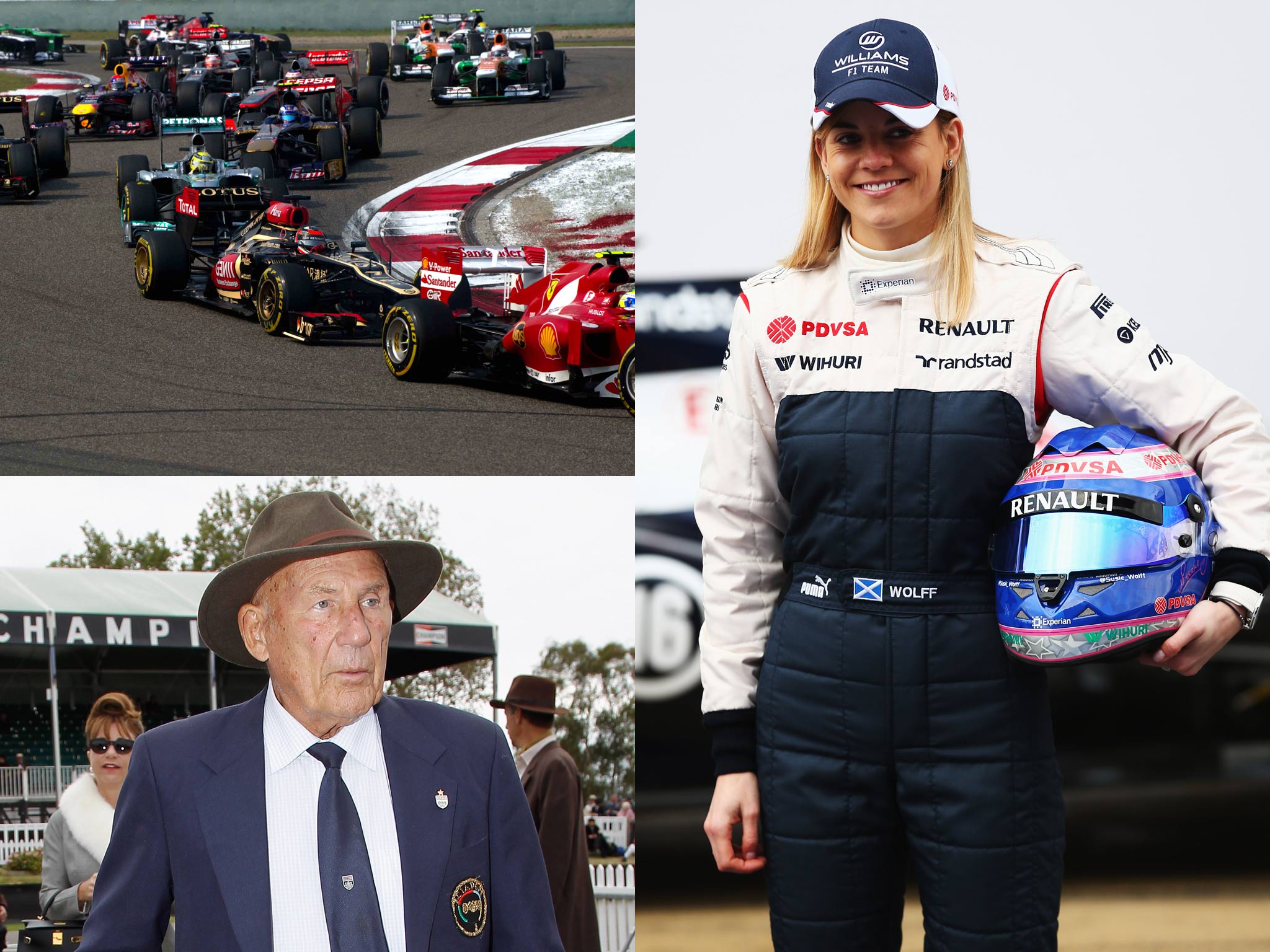 Williams development driver Susie Wolff (right), and Sir Sterling Moss, bottom left