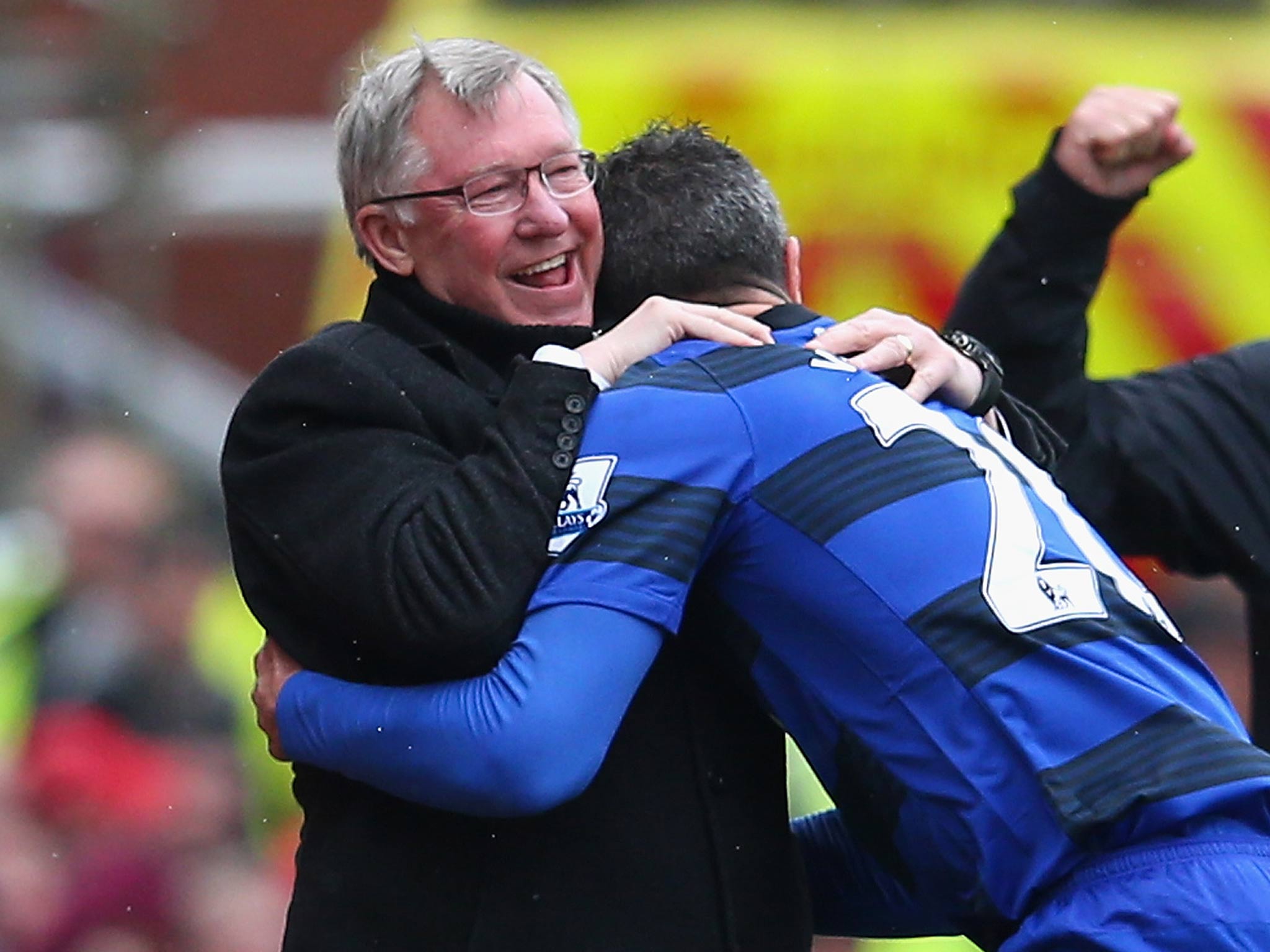 Robin van Persie celebrates his goal against Stoke with Sir Alex Ferguson