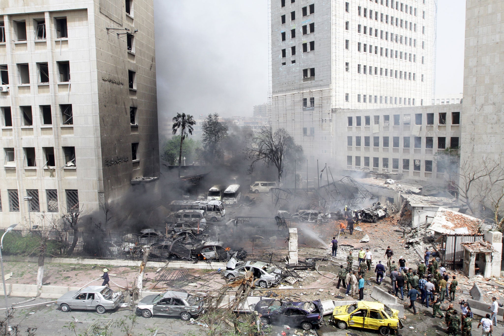 A general view shows the scene of a deadly car bomb explosion which rocked central Damascus on April 8th