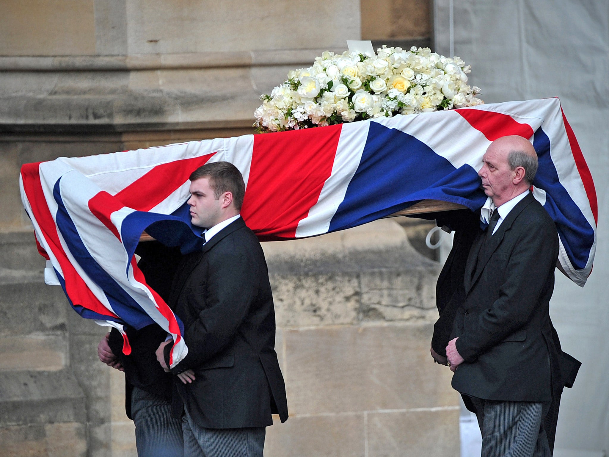 Pallbearers carry the coffin of Margaret Thatcher as it arrives to be laid at the Crypt Chapel of St Mary Undercoft in the Houses of Parliament