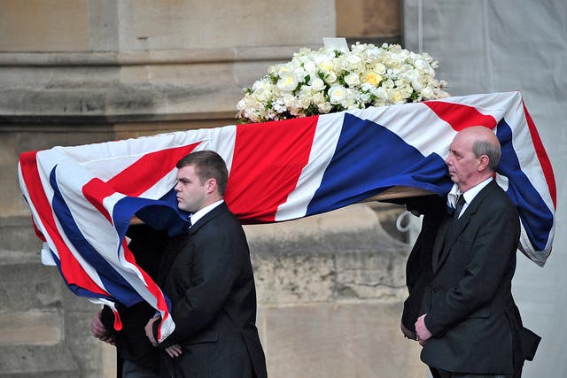Pallbearers carry the coffin of Margaret Thatcher as it arrives to be laid at the Crypt Chapel of St Mary Undercroft in the Houses of Parliament