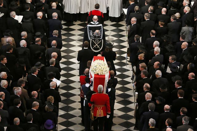 The coffin containing the body of former British Prime Minister Margaret Thatcher arrives for the ceremonial funeral at St Paul's Cathedral 