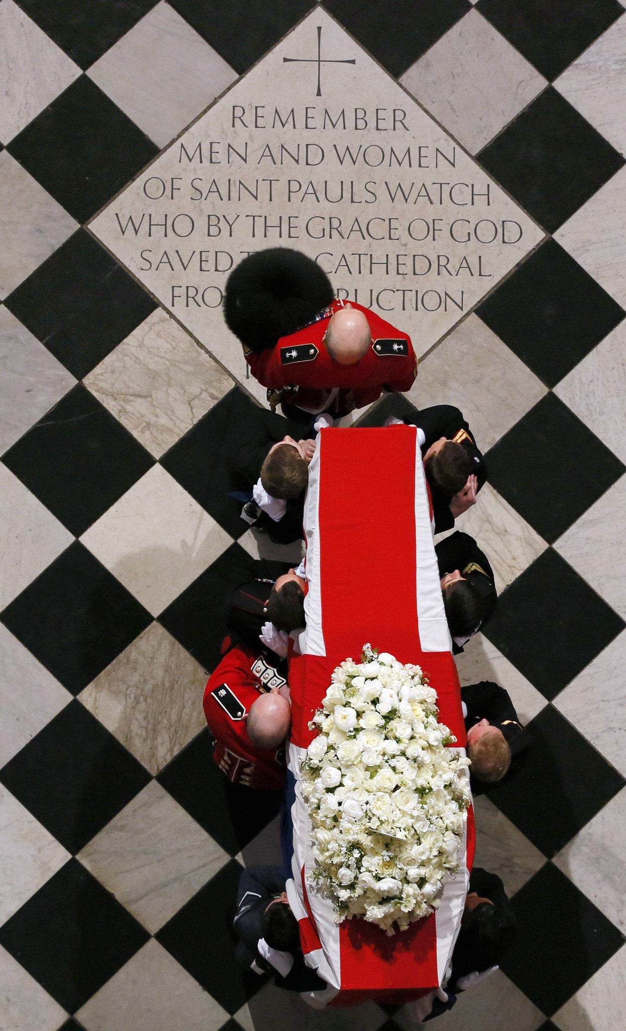 The coffin containing the body of former British Prime Minister Margaret Thatcher arrives for the ceremonial funeral at St Paul's Cathedral