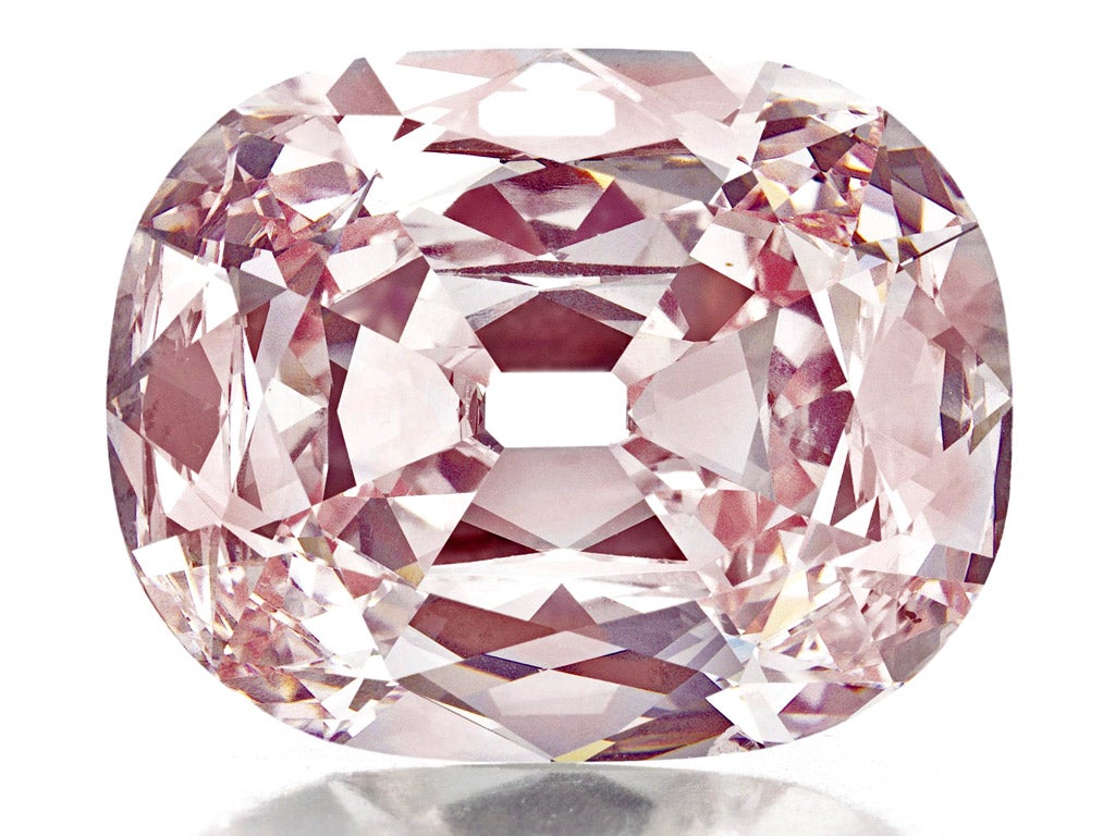 A close-up view of the historic cushion-cut fancy intense pink diamond, weighing approximately 34.65 carats