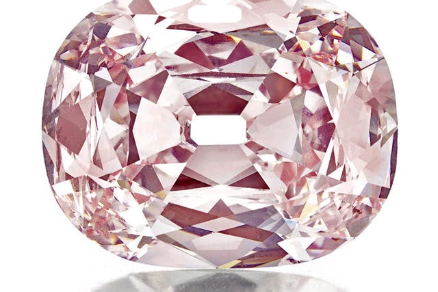 A close-up view of the historic cushion-cut fancy intense pink diamond, weighing approximately 34.65 carats