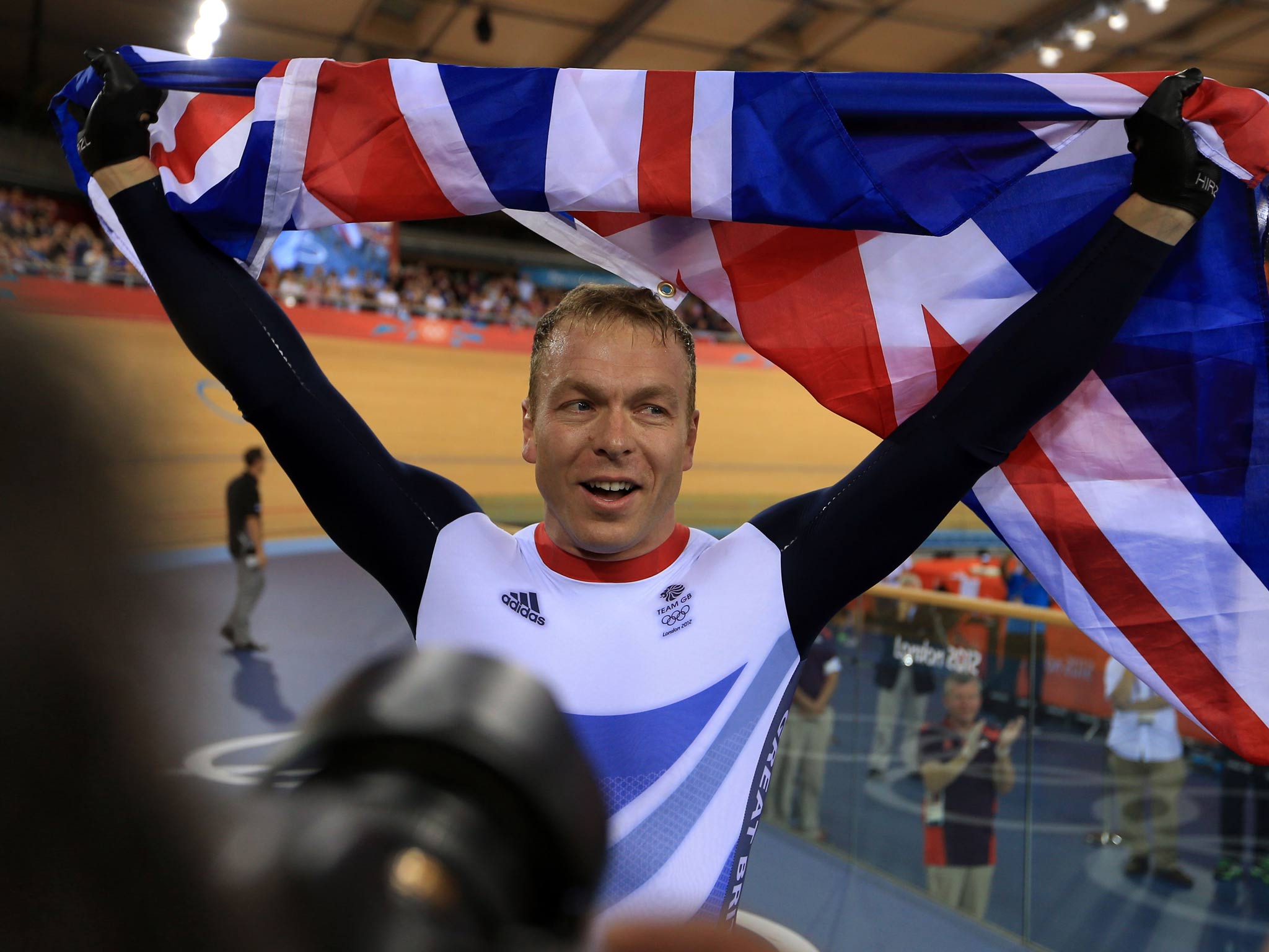 Sir Chris Hoy celebrates at the London 2012 Olympics