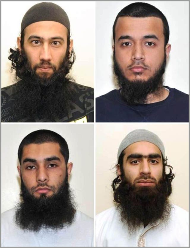 A montage issued by the Metropolitan Police of (top row from left) Zahid Iqbal, Mohammed Sharfaraz Ahmed and (bottom row from left) Umar Arshad with Syed Farhan Hussain who admitted discussing carrying out a terror attack in the UK using homemade bombs an