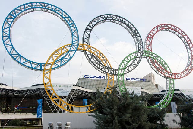 The Olympic Rings are displayed outside Adler airport, near Sochi