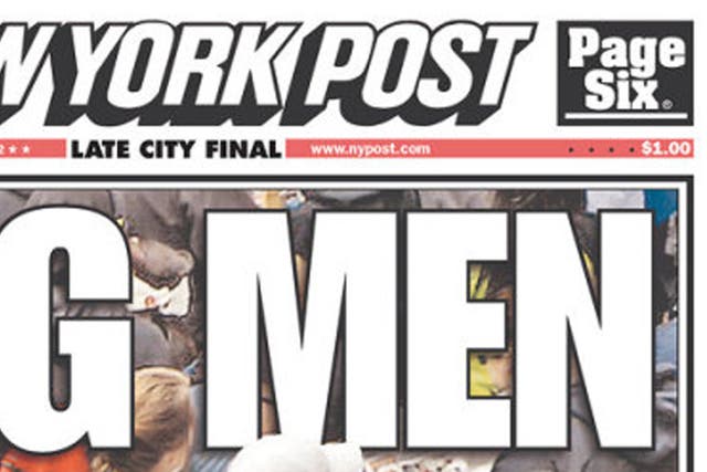 A section of the New York Post front page that appeared to wrongly identify two men as suspects in the Boston marathon bombing