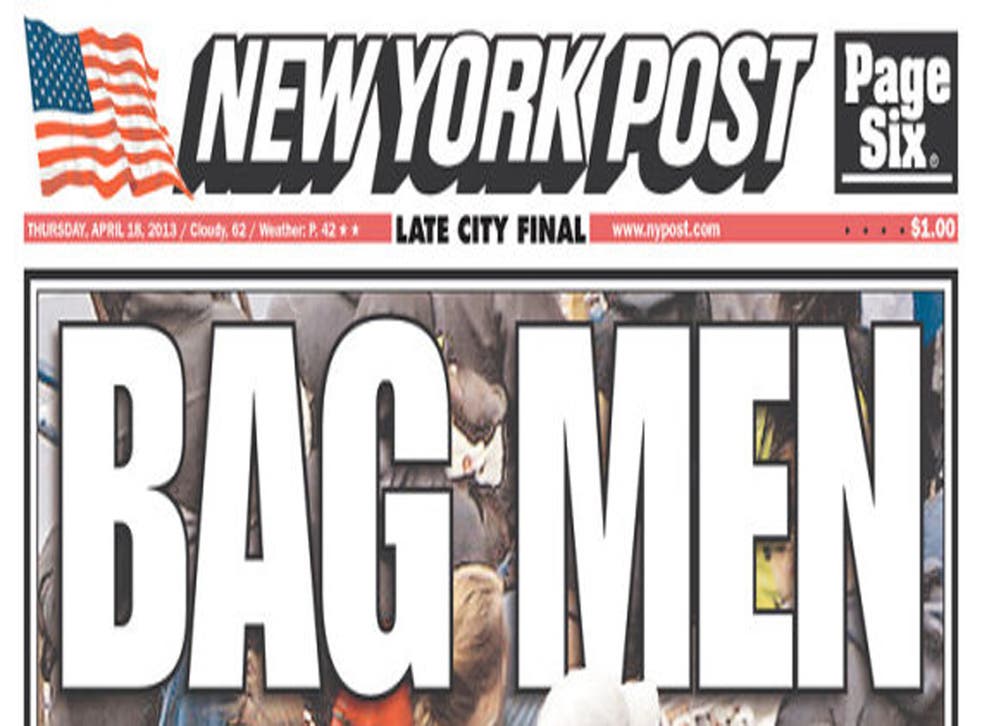 A section of the New York Post front page that appeared to wrongly identify two men as suspects in the Boston marathon bombing