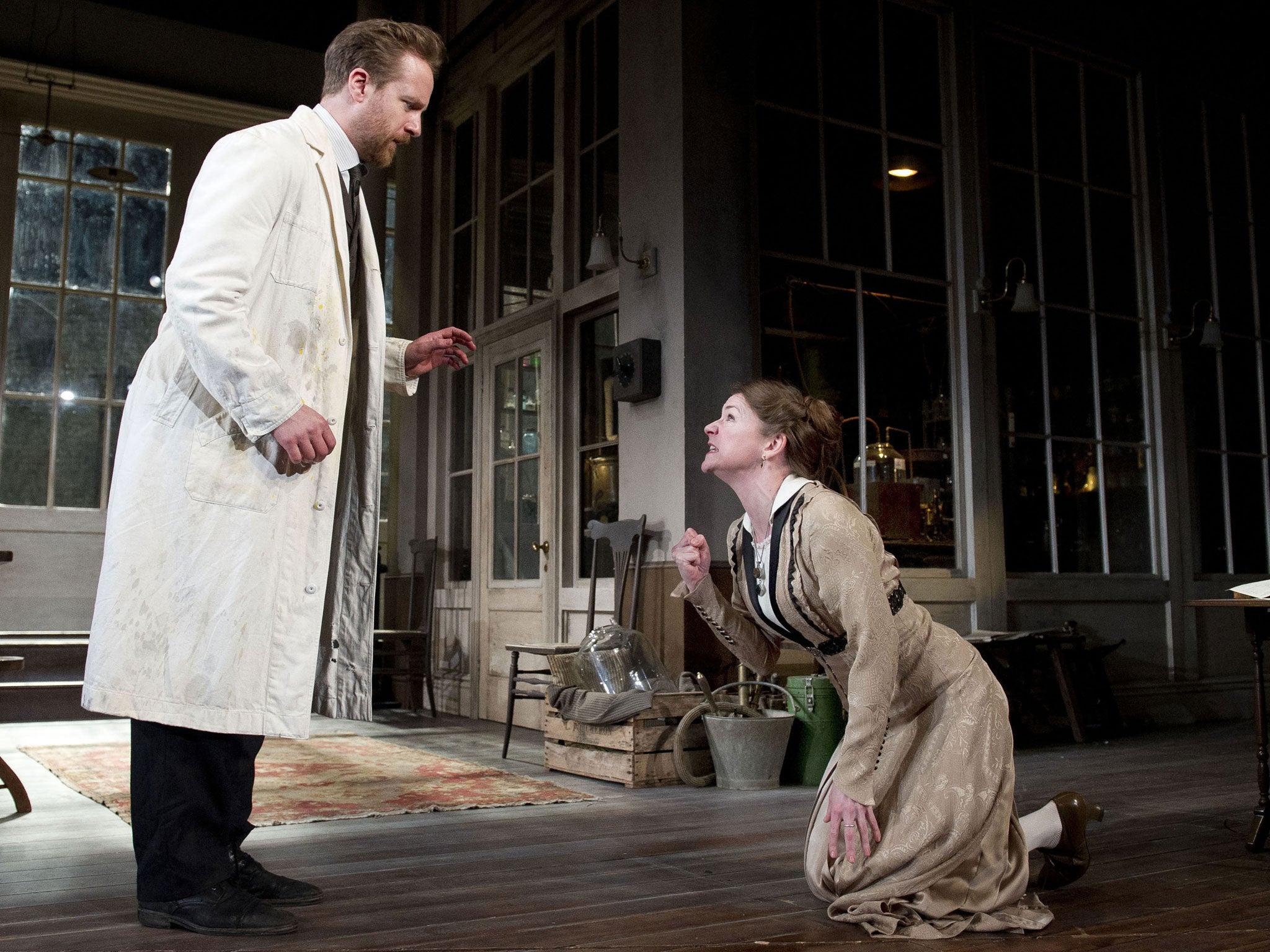 Lab test: Pavel (Geoffrey Streatfeild) and acolyte Melaniya (Lucy Black)