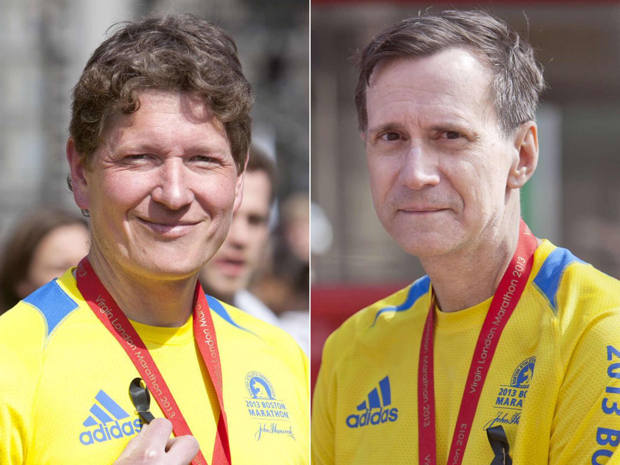 Mike Asche, left and Paul Arlt, right, both ran the Boston and London Marathons