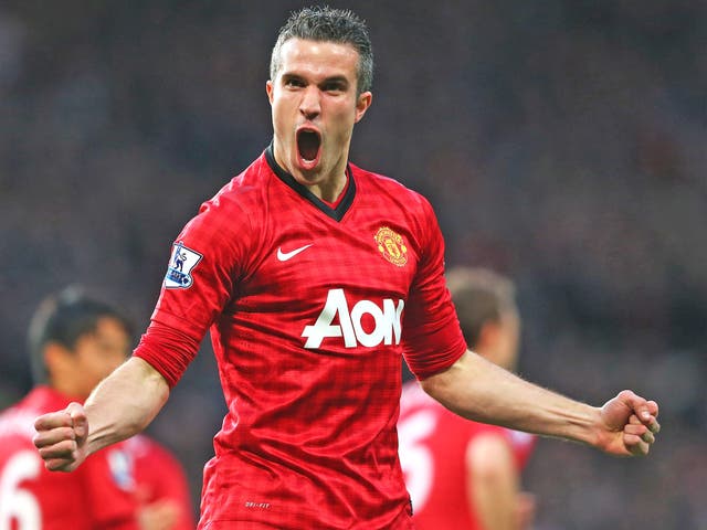 Robin van Persie celebrates one of his goals during the title-clinching win over Aston Villa
