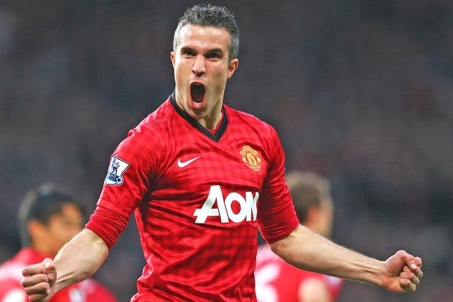 Robin van Persie celebrates one of his goals during the title-clinching win over Aston Villa