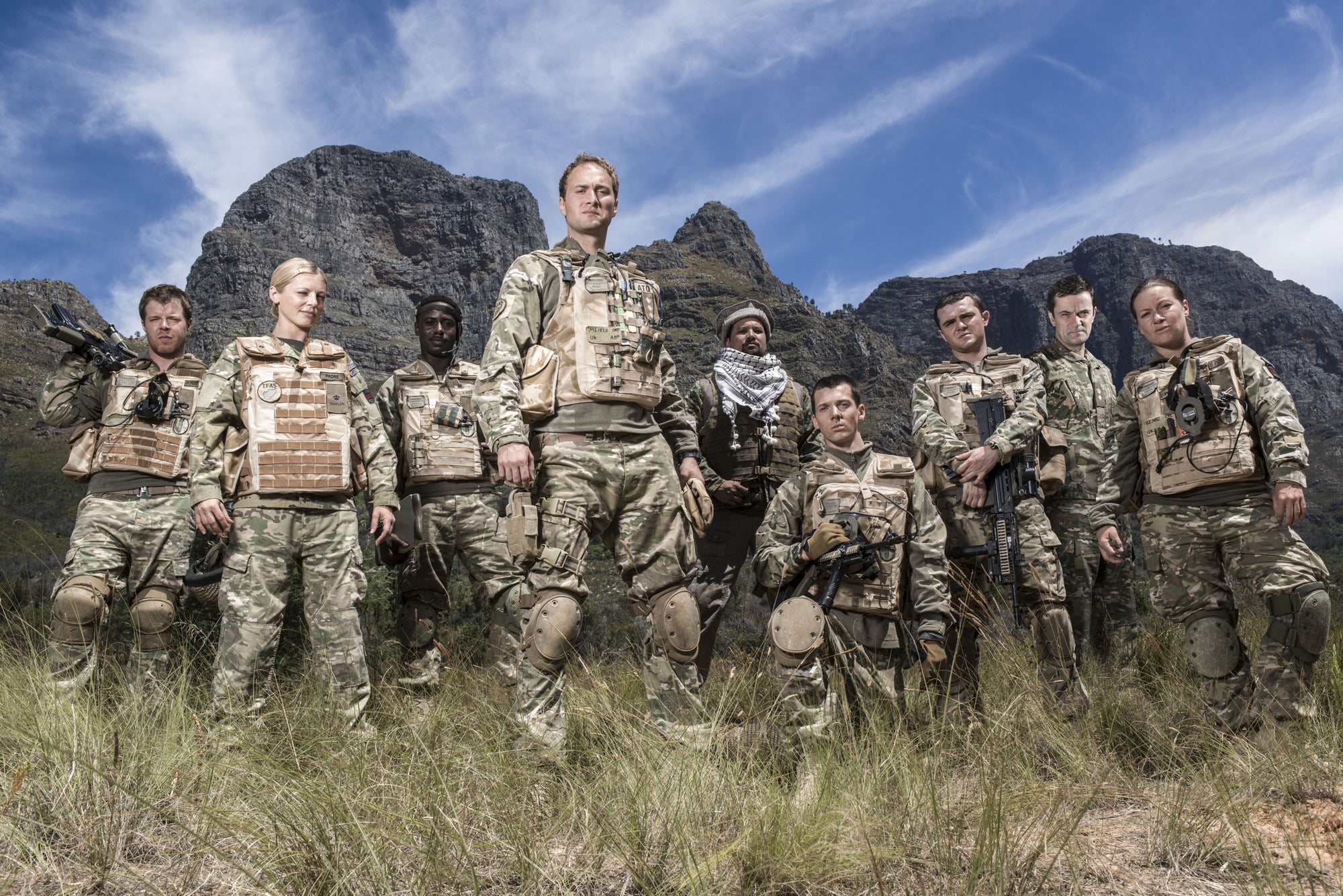 Bluestone 42: (L-R) : Simon (STEPHEN WIGHT), Mary (KELLY ADAMS), Millsy (GARY CARR), Nick Medhurst (OLIVER CHRIS), Faruq (KEENO LEE HECTOR), Rocket (SCOTT HOATSON), Mac (JAMIE QUINN), Lieutenant Colonel (TONY GARDNER), Bird (KATIE LYONS)