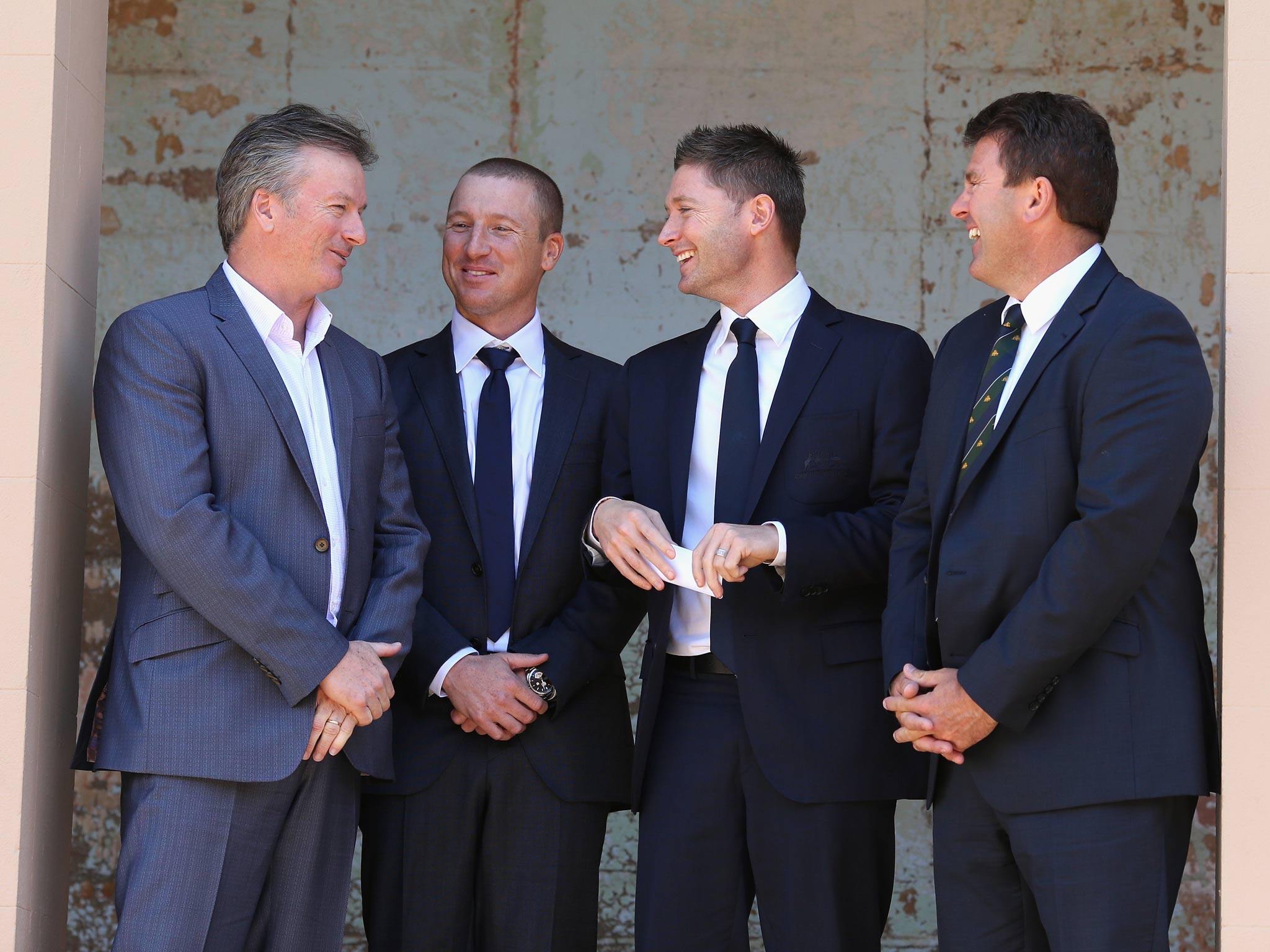 Former Australian captain Steve Waugh, Brad Haddin of Australia, Australian captain Michael Clarke, and former Australian captain Mark Taylor