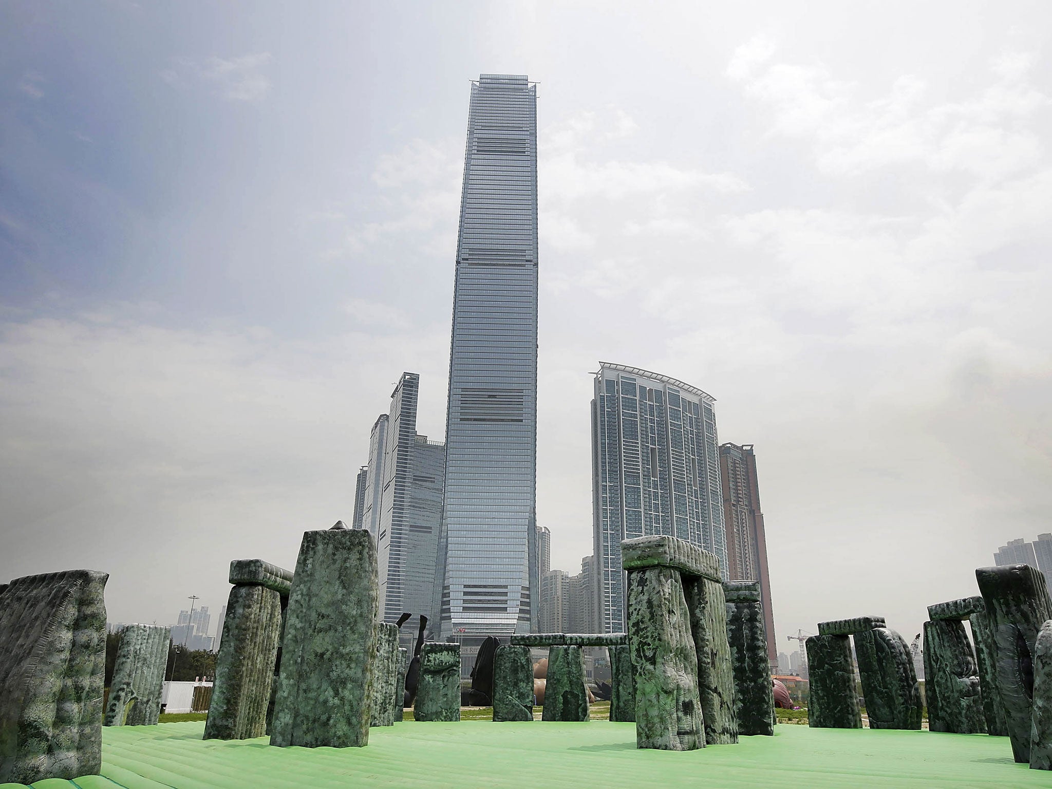 The life-size interactive inflatable stonehenge, called 'Sacrilege 2012', is in the middle of Hong Kong