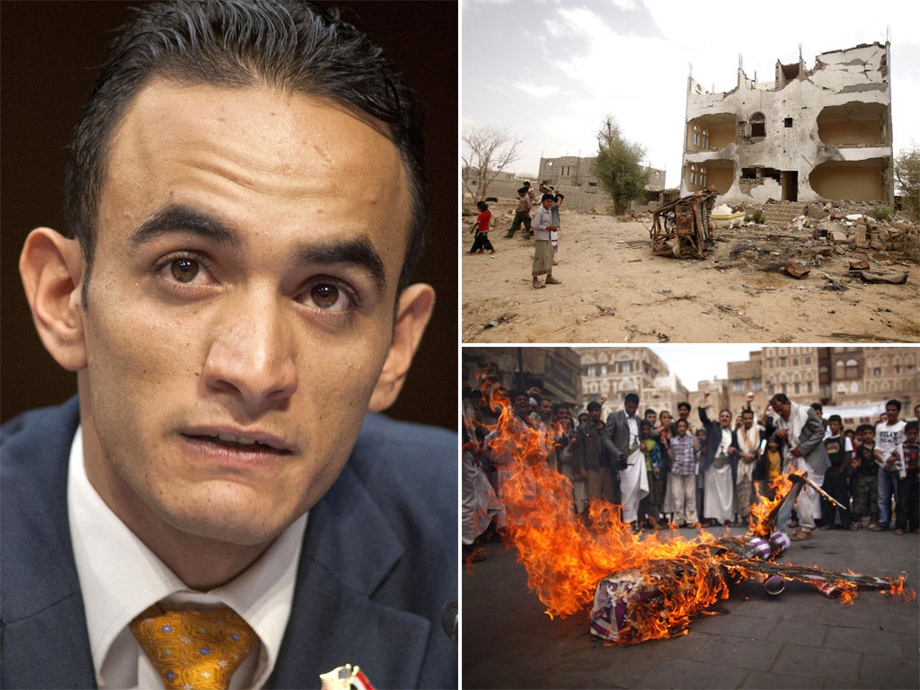 (Clockwise from left) Farea Al-Muslimi before the Senate Judiciary subcommittee on the Constitution, Civil Rights, and Human Rights; Damage caused by a drone attack in Azan; An effigy of a U.S. drone is burnt in protest