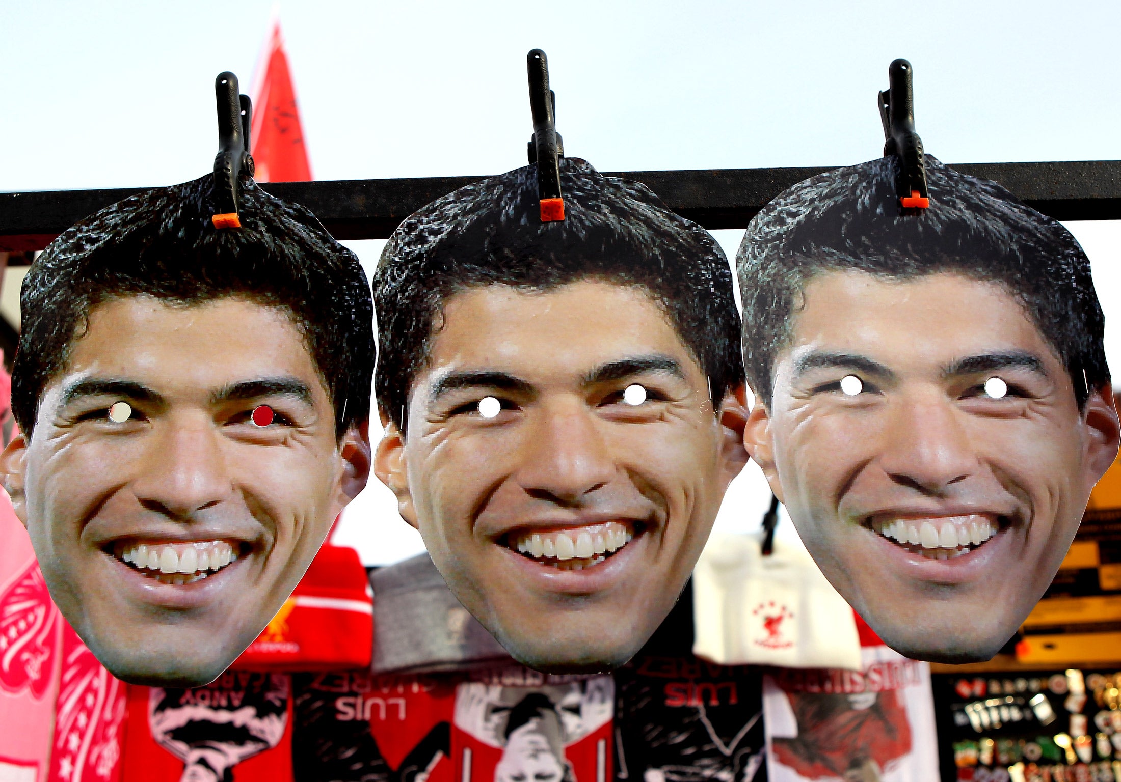 Luis Suarez masks on sale outside Anfield