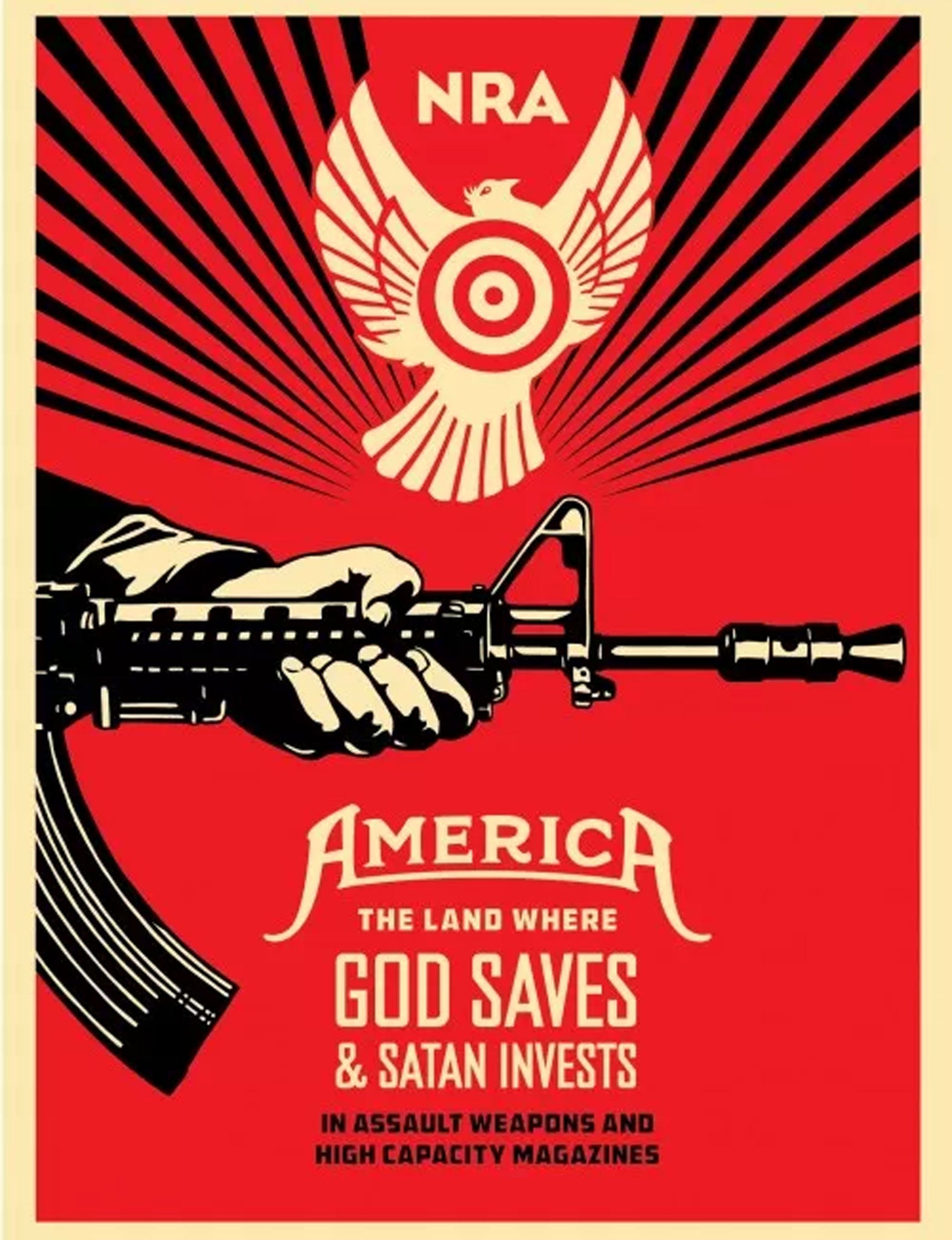 The new artwork by Shepard Fairey, attacking the anti-gun control lobby in America