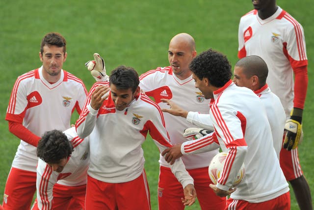 Benfica's players attend a training session ahead of the semi-final