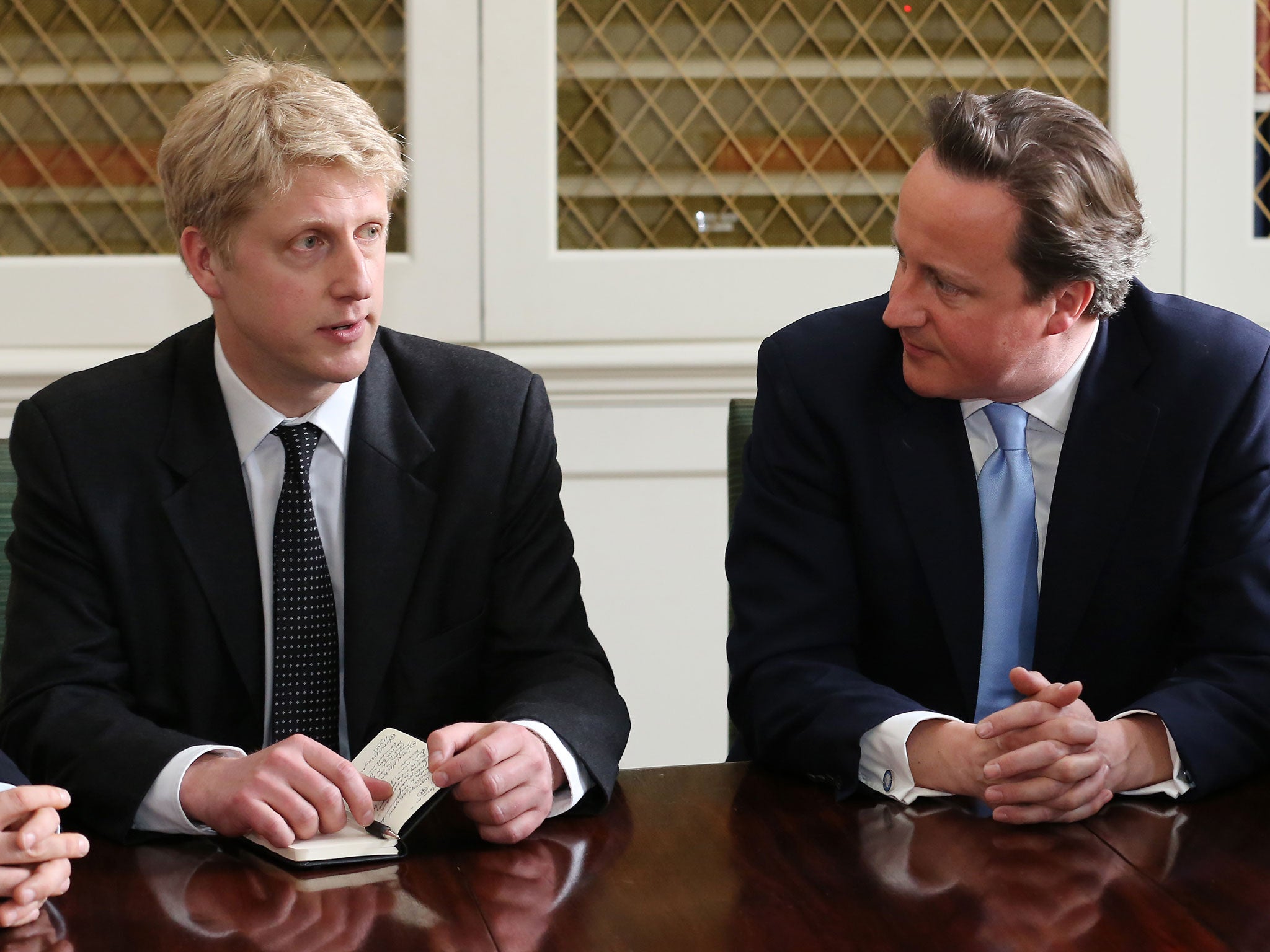 Prime Minister David Cameron (right) talks to Jo Johnson, his new head of policy, during a meeting at 10 Downing Street on April 25, 2013 in London, England. The Prime Minister has appointed Jo Johnson the younger brother of the Mayor of London, Boris Johnson to be his new Head of Policy.