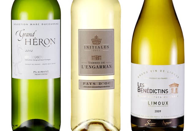Les Bénédictins Chardonnay 2009; Terres de l'Engarran Initiales Blanc 2011; Grand Heron Marc Ducournau PGI Côtes de Gascogne 2012
