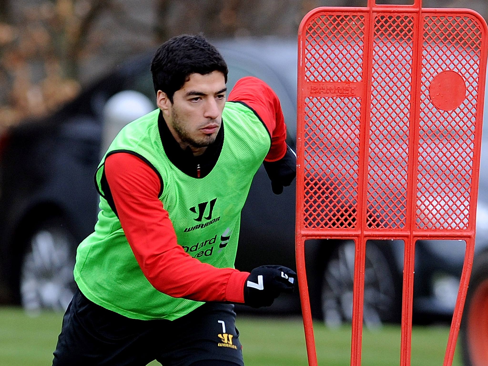 Luis Suarez pictured training with Liverpool today