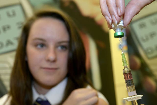 Lucy Butler,15, getting ready to have her measles jab at All Saints School in Ingleby Barwick, Teesside as a national vaccination catch-up campaign has been launched to curb a rise in measles cases in England