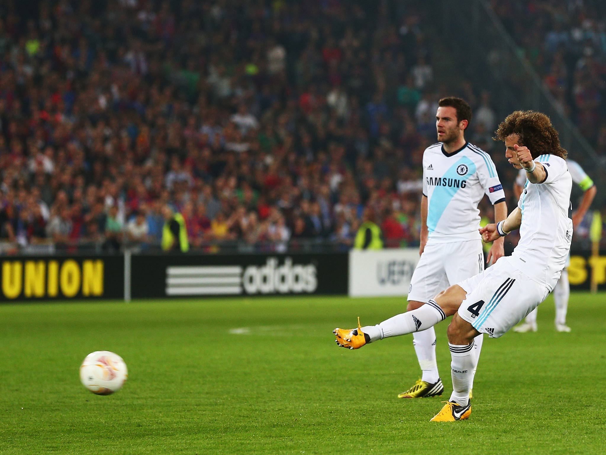 David Luiz strikes a late free-kick to make it 2-1 to Chelsea in their Europa tie with Basel