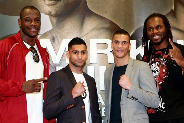 Left to right: Deontay Wilder, Amir Khan, Anthony Ogogo and Audley Harrison at a press conference in Sheffield on Thursday
