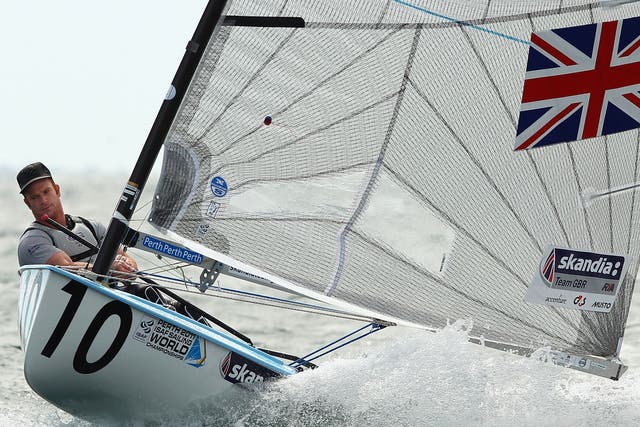 Andrew Mills of Great Britain competes in the Finn Gold Fleet on the Leighton Course during day seven of the 2011 ISAF Sailing World Championships