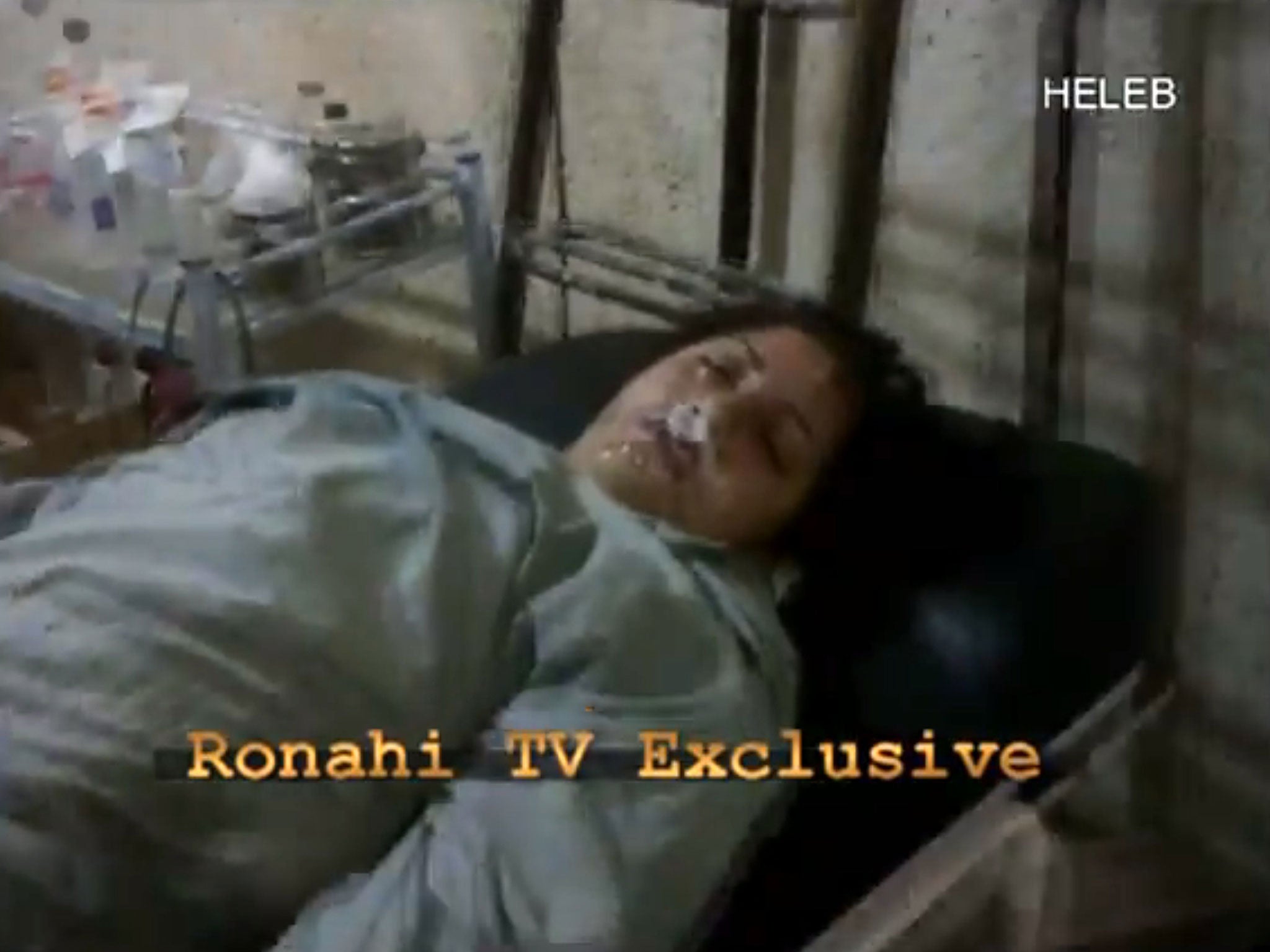 A video image which, it is claimed, shows a victim of a sarin gas attack in Aleppo