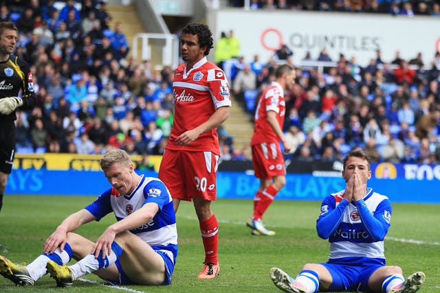 Pavel Pogrebnyak (L) and Adam Le Fondre of Reading look dejected after failing to score
