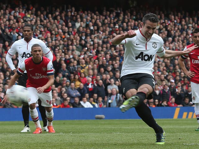 Robin van Persie of Manchester United scores their first goal 