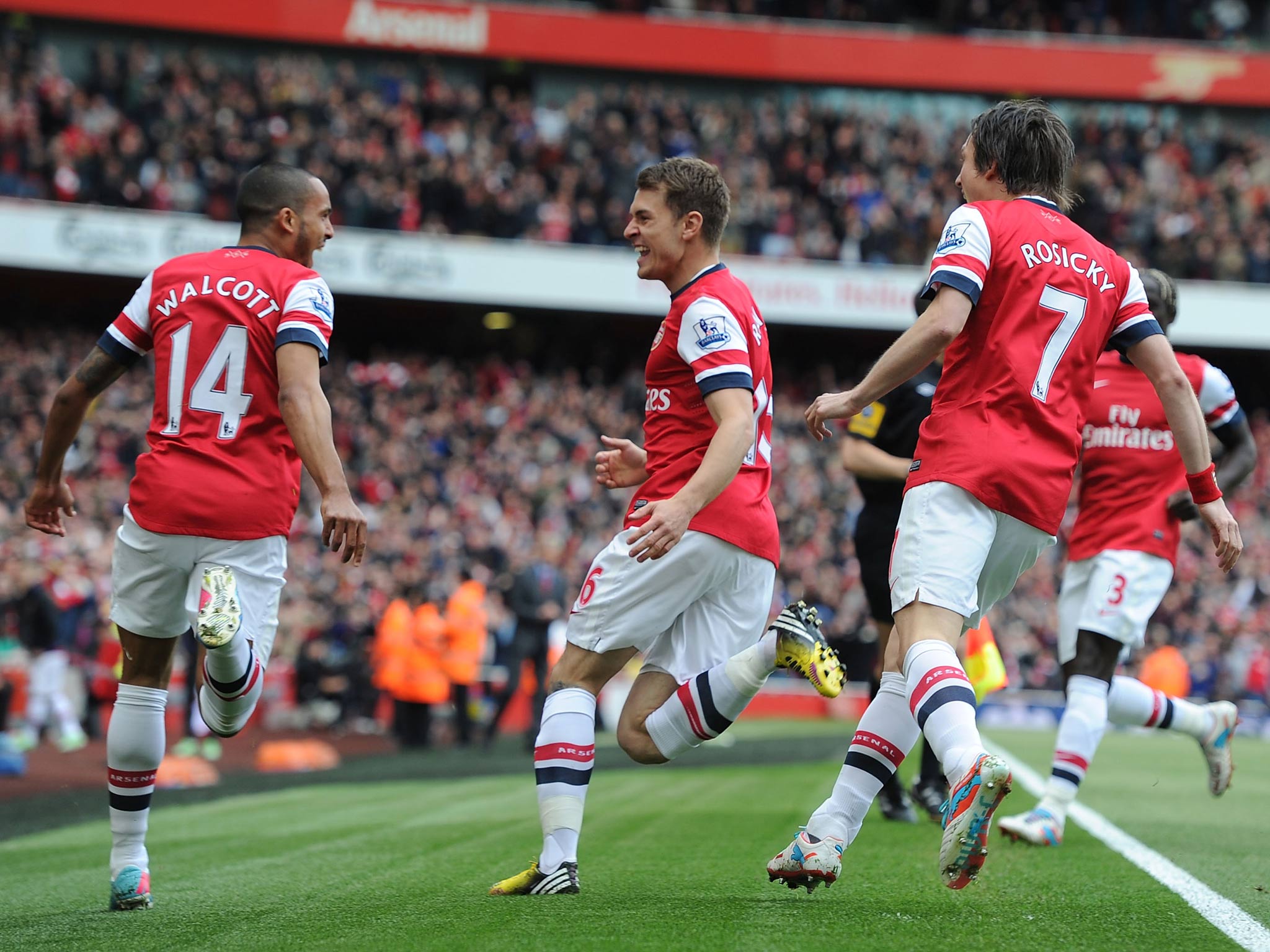 Arsenal forward Theo Walcott celebrates his goal against Manchester United