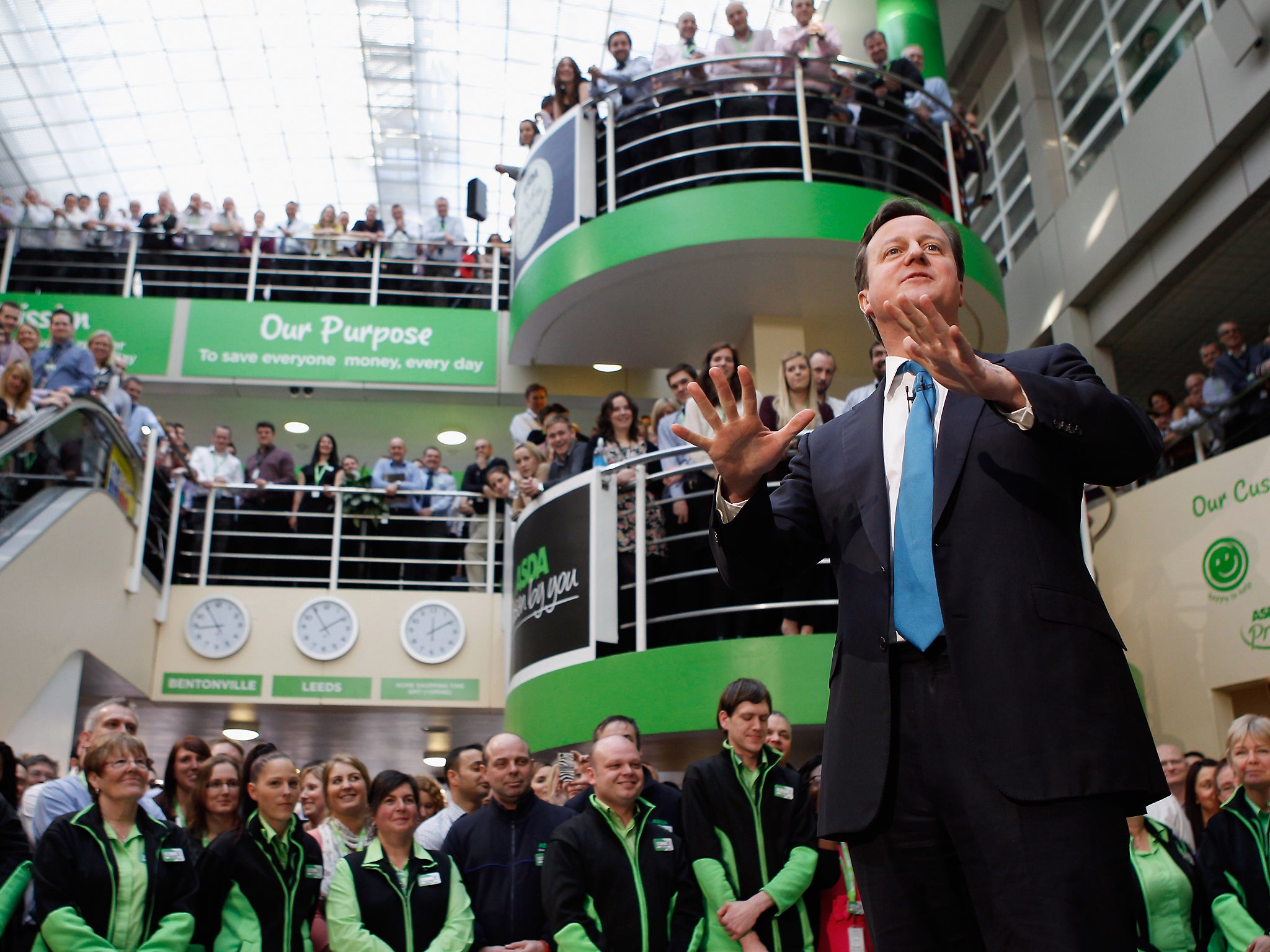 23 January 2012: David Cameron takes part in 'PM Direct' question and answer session with workers at the head office of supermarket giant Asda in Leeds
