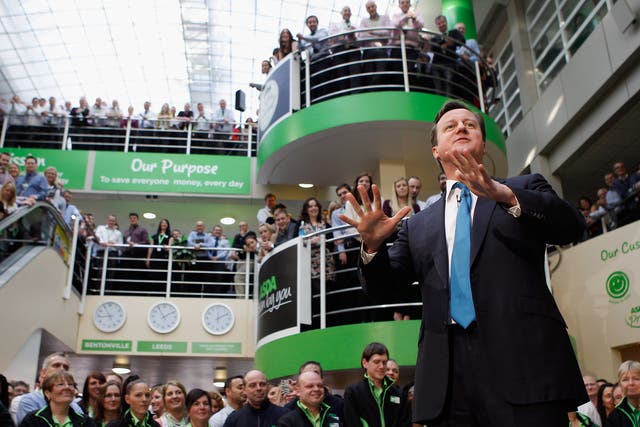 23 January 2012: David Cameron takes part in 'PM Direct' question and answer session with workers at the head office of supermarket giant Asda in Leeds